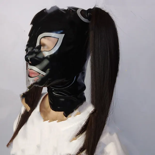 Fashion Latex Headgear Mask With Hair Holes Black - Shop at LoveMi