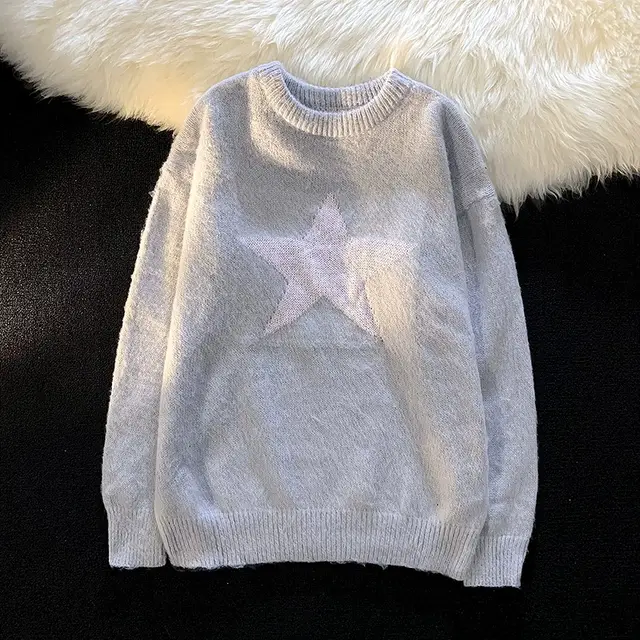 Autumn Star Print Round Neck BF Pullover Sweater Light Grey - Shop at LoveMi