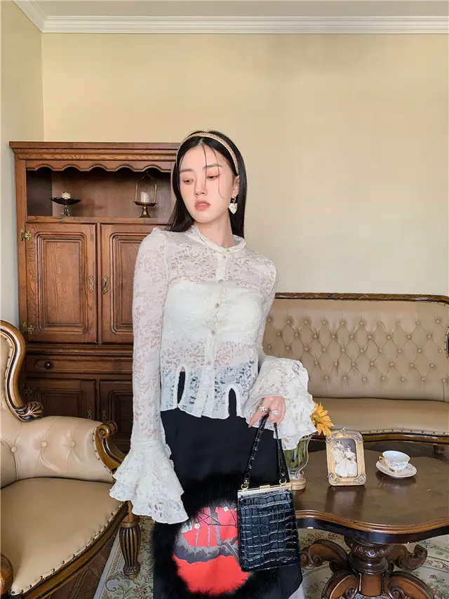 Lace Fabric Patchwork Large Hem Ruffled Sleeve Shirt Beige - Shop at LoveMi