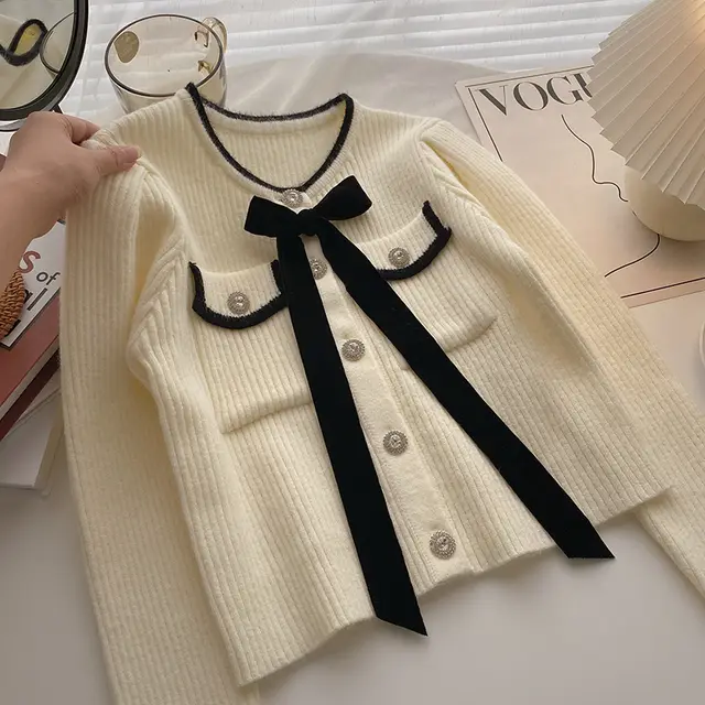 French Short Top Women's Bow Retro Diamond Buckle Apricot - Shop at LoveMi