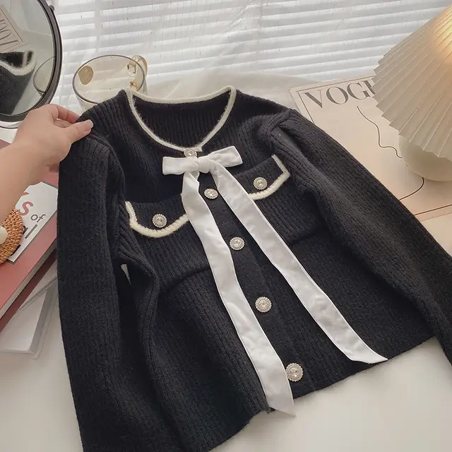 French Short Top Women's Bow Retro Diamond Buckle Black - Shop at LoveMi