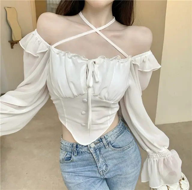 One Line Neck Long Sleeved Ruffled Chiffon Shirt White - Shop at LoveMi