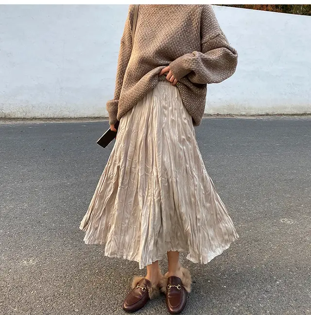 Velvet Pleated Long Skirt A line Half Length Skirt Apricot - Shop at LoveMi
