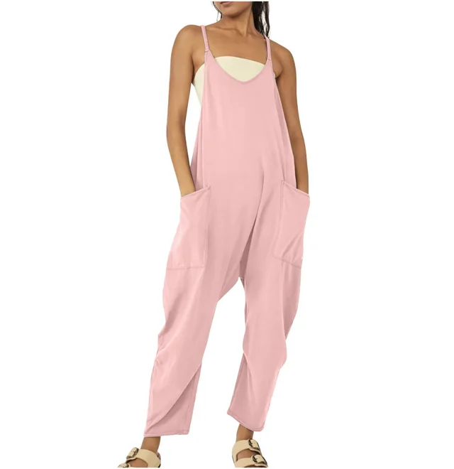 Zipper Pocket Sling Pants Jumpsuit Pink - Shop at LoveMi