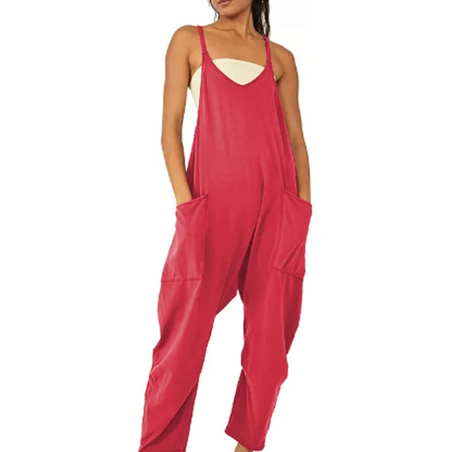 Zipper Pocket Sling Pants Jumpsuit Watermelon Red - Shop at LoveMi