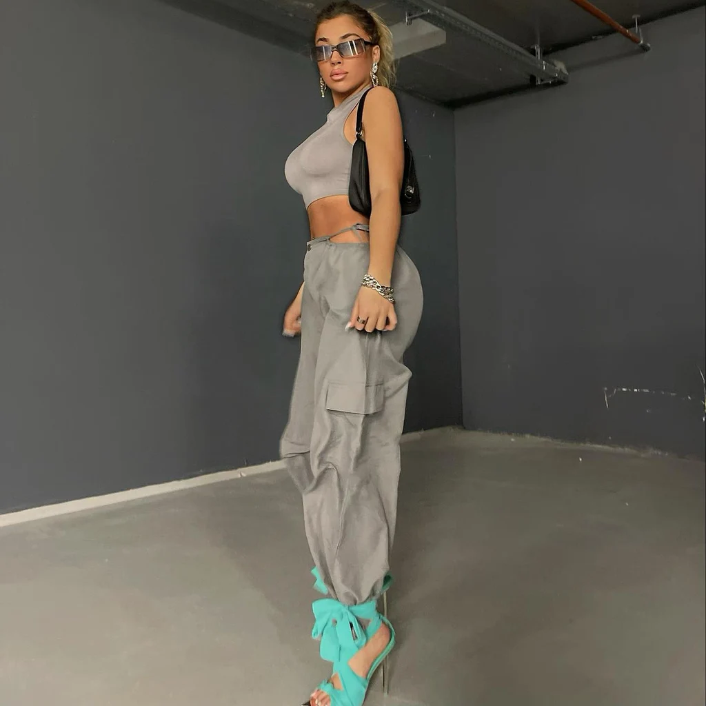 High Waist Hollow Drawcord Solid Leggings Cargo Pants - Grey