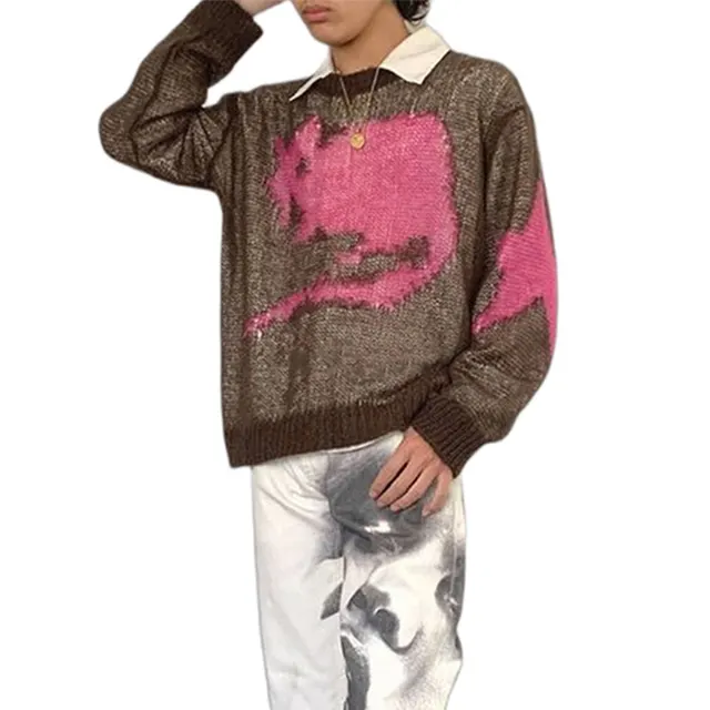 Round Neck Pullover Knit Haimao Star Sweater Coffee - Shop at LoveMi