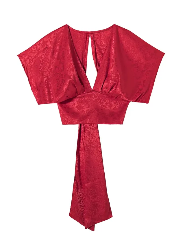 V neck Bow Top With Exposed Navel And Tie Up Shirt Red - Shop at LoveMi