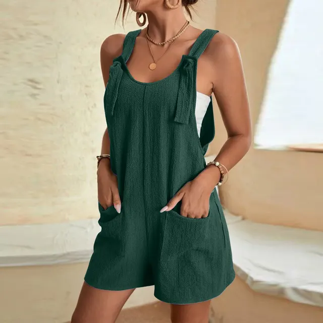 Jumpsuits Rompers For Women Summer Comfortable Casual Suspender Shorts Solid Color Overalls With Pockets Pants Dark Green - Shop at LoveMi