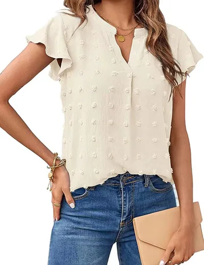 Women Summer V Neck Ruffle Short Sleeve Blouse Dot Flowy Shirt Top Apricot - Shop at LoveMi