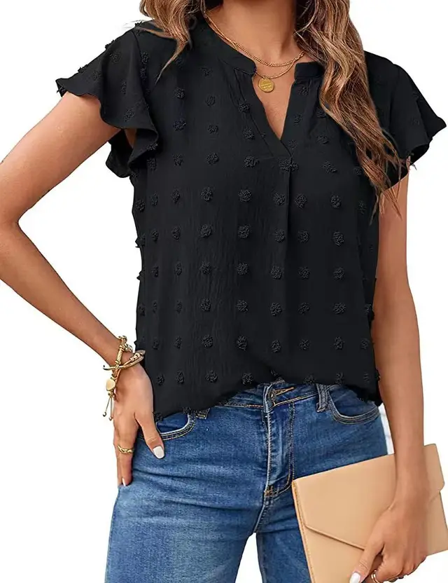 Women Summer V Neck Ruffle Short Sleeve Blouse Dot Flowy Shirt Top Black - Shop at LoveMi