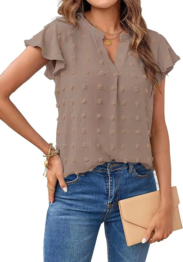 Women Summer V Neck Ruffle Short Sleeve Blouse Dot Flowy Shirt Top Khaki - Shop at LoveMi