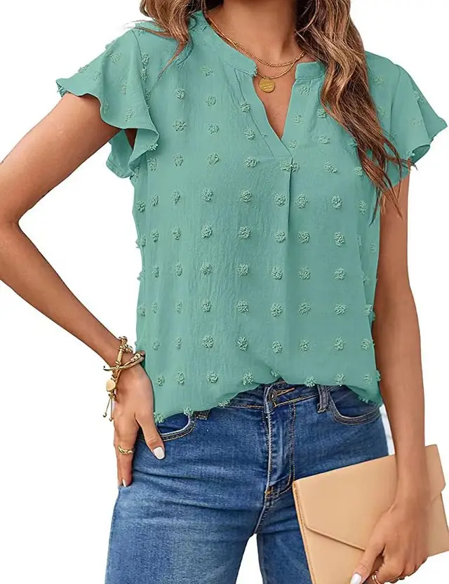 Women Summer V Neck Ruffle Short Sleeve Blouse Dot Flowy Shirt Top Light Green - Shop at LoveMi