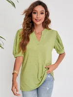 Women's Pleated Puff Sleeve Tops Summer V Neck T Shirts Casual Loose Blouses - Green