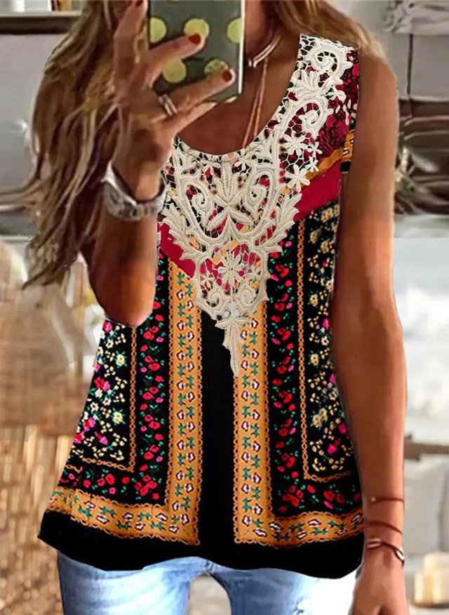 New Vintage Print Sleeveless Lace U neck Vest Women's Top Red - Shop at LoveMi