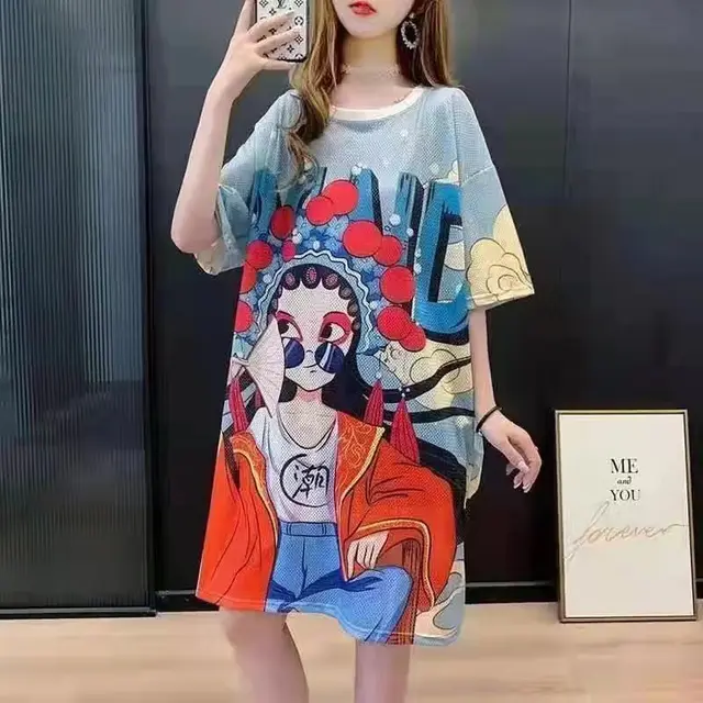 Short Sleeved Loose Fitting Oversized Summer Breathable T shirt Dress Blue Fan Beauty - Shop at LoveMi