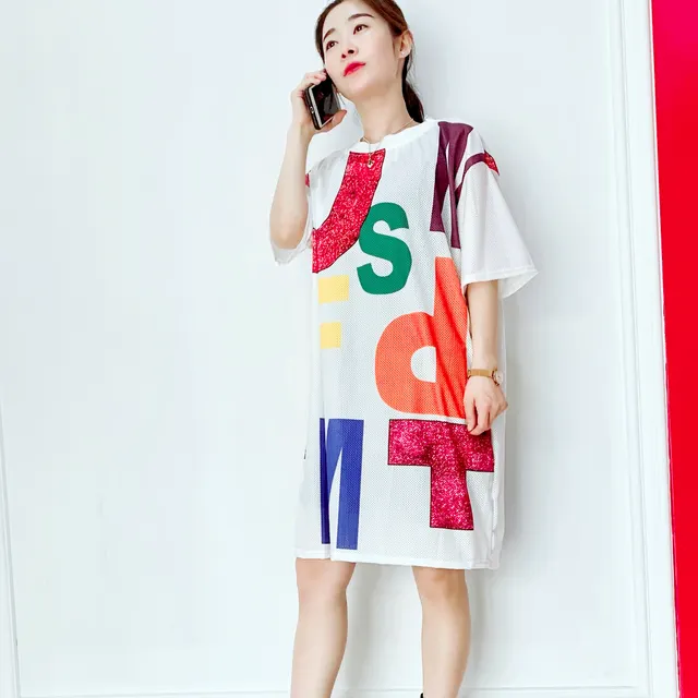 Short Sleeved Loose Fitting Oversized Summer Breathable T shirt Dress Colorful Letter White - Shop at LoveMi