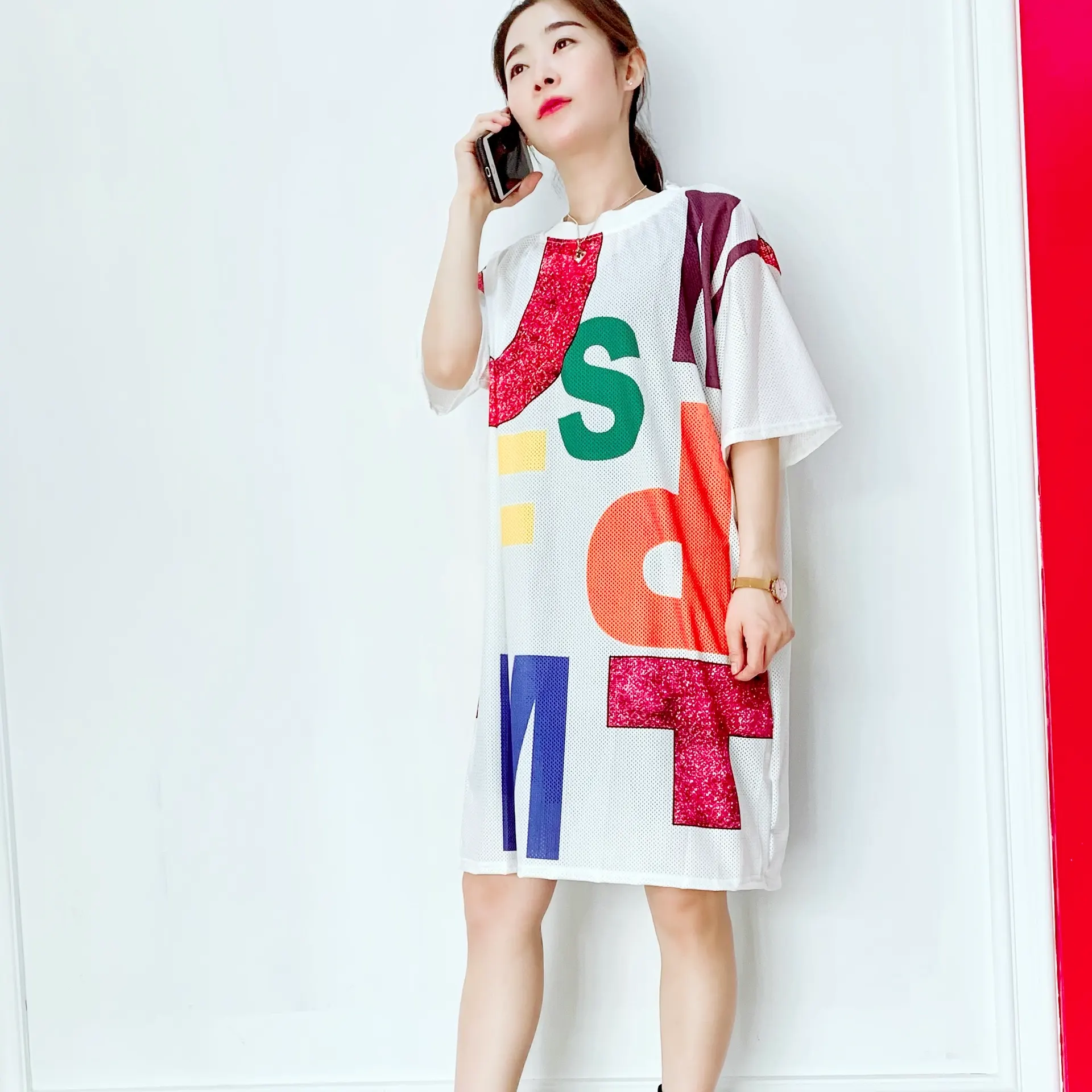 Short Sleeved Loose Fitting Oversized Summer Breathable T-shirt Dress - Colorful Letter White - View 1