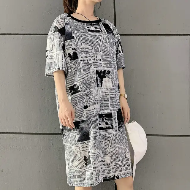 Short Sleeved Loose Fitting Oversized Summer Breathable T shirt Dress Grey Newspapers - Shop at LoveMi