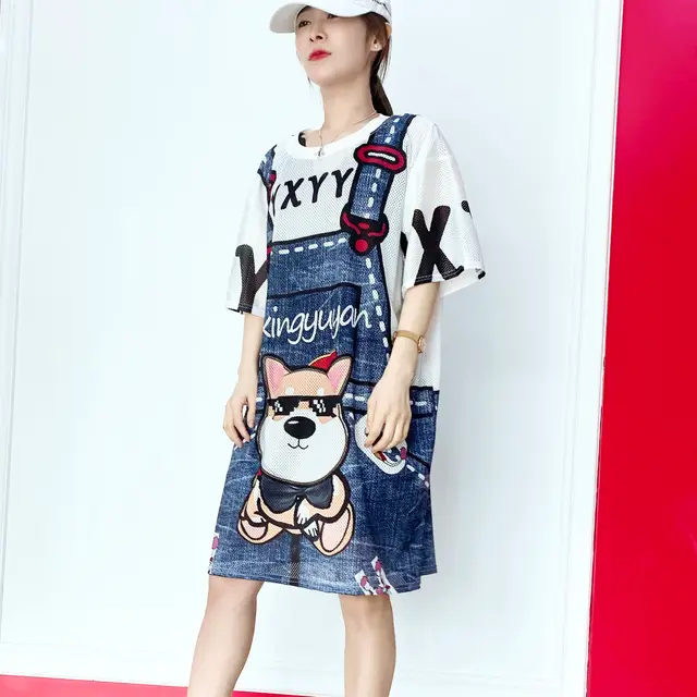 Short Sleeved Loose Fitting Oversized Summer Breathable T shirt Dress Strap Pants Glasses Dog - Shop at LoveMi