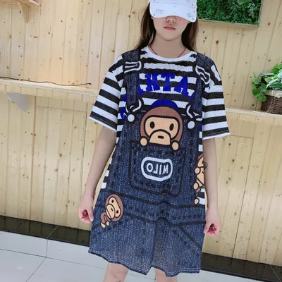 Short Sleeved Loose Fitting Oversized Summer Breathable T shirt Dress Strap Striped Macaque - Shop at LoveMi