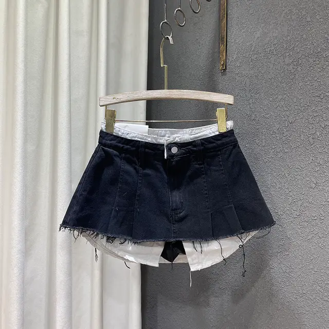 Loose Patchwork Niche Irregular Fake Two A line Skirt Black - Shop at LoveMi
