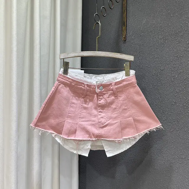 Loose Patchwork Niche Irregular Fake Two A line Skirt Pink - Shop at LoveMi