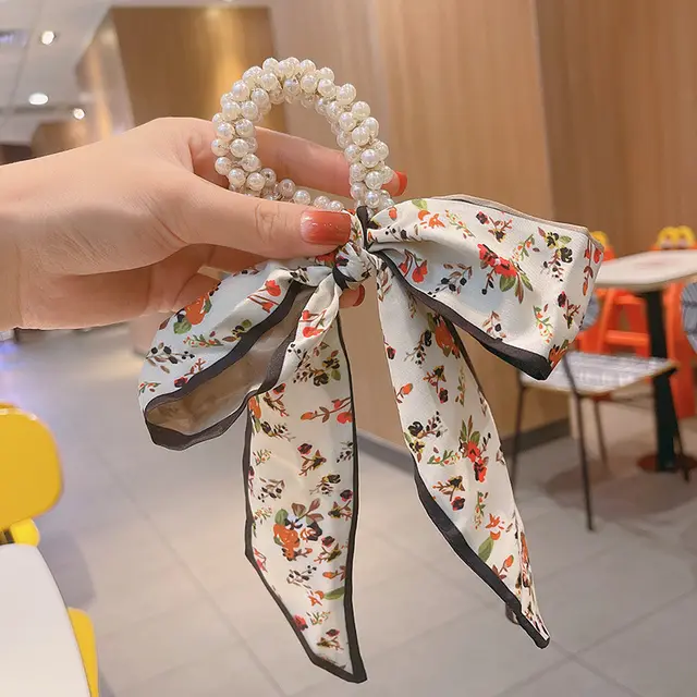 Pearl Headstring Fashion Ribbon Hair Rope White Fragmented Flowers - Shop at LoveMi