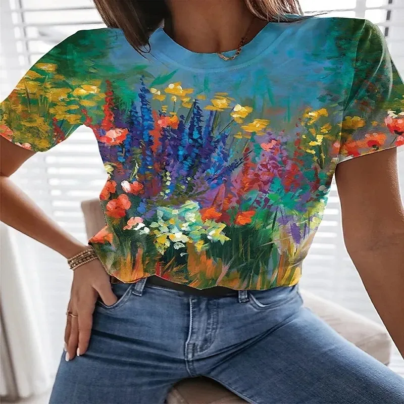 Round Neck Printed Fitness Short Sleeve Casual Loose fitting T shirt Retro Style 3 Picture Color - Shop at LoveMi