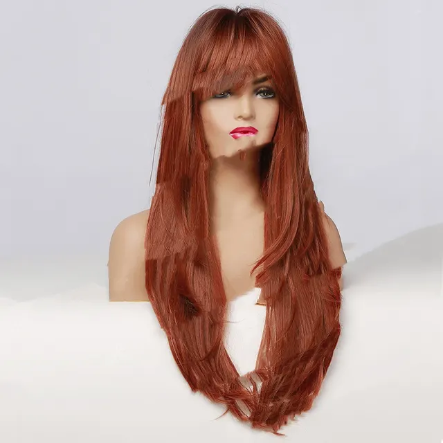 Women's Fashion Simple Long Curly Wig Head Cover Brown Red - Shop at LoveMi
