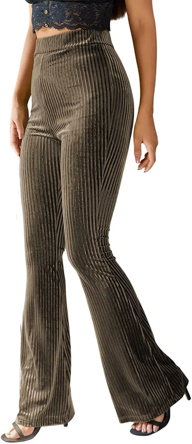 New Women's Fashion Solid Color High Waist Gold Velvet Pit Striped Flare Pants Army Green - Shop at LoveMi