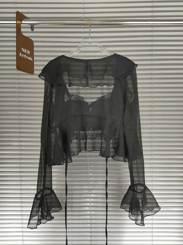 Lace Suspender Chiffon Cardigan Two piece Set Black - Shop at LoveMi