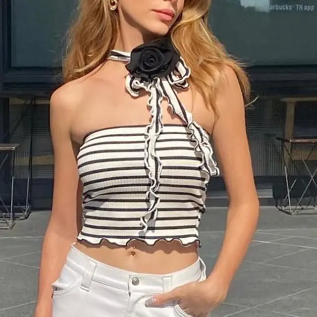 Striped Neck Strap Vest Three Dimensional Rose Black - Shop at LoveMi