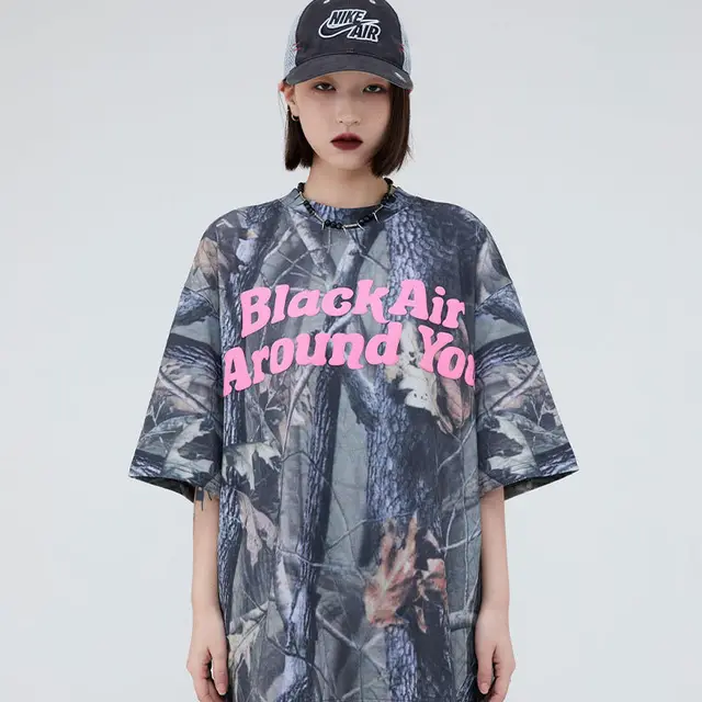 Letter Foamed Print True Leaf Camo Digital Loose Short Sleeve Grey - Shop at LoveMi