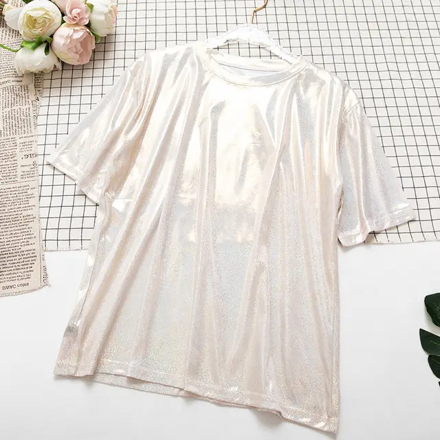 Women's Loose Sequin Short Sleeved T shirt Apricot - Shop at LoveMi