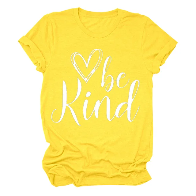 Heart Trendy Short Sleeve Crew Neck T shirt Top Yellow White Font - Shop at LoveMi