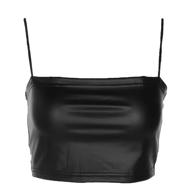 Chest Wrap Camisole Tube Tight Slimming Imitation Leather Off shoulder Top Black - Shop at LoveMi