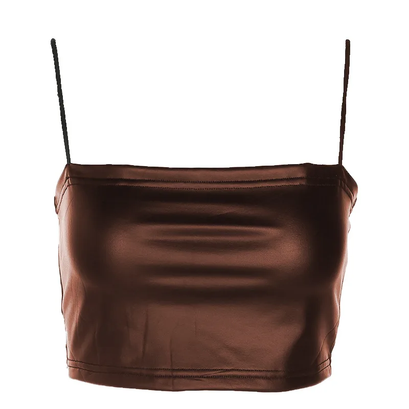 Chest Wrap Camisole Tube Tight Slimming Imitation Leather Off shoulder Top Coffee - Shop at LoveMi