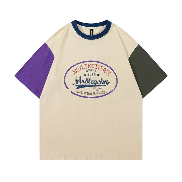 Color Blocking Pattern Retro Round Neck Loose Fitting Short Sleeved T shirt Apricot - Shop at LoveMi