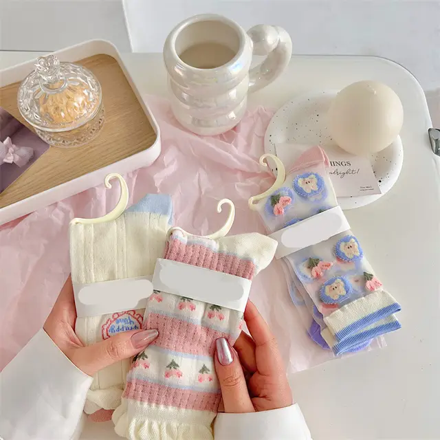 Pink Blue Tulip Glass Silk Pile Socks For Ladies Set - Shop at LoveMi