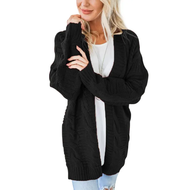 Women's Twist Cardigan Solid Color Mid length Coarse Yarn Sweater Black - Shop at LoveMi
