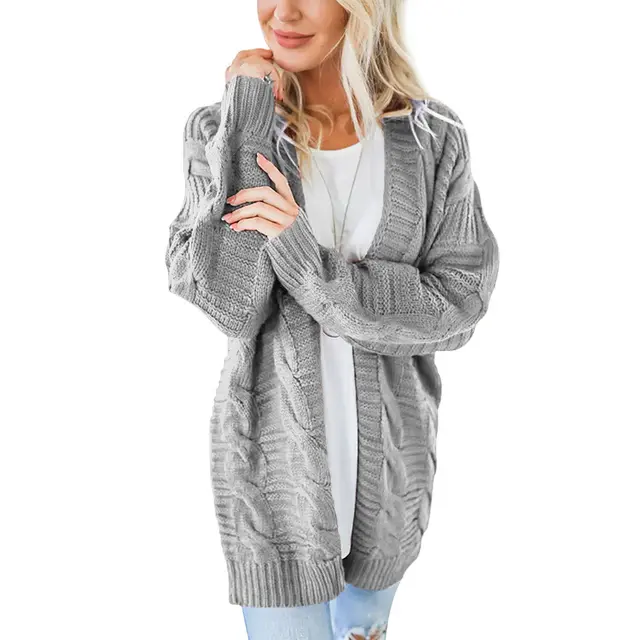 Women's Twist Cardigan Solid Color Mid length Coarse Yarn Sweater Gray - Shop at LoveMi