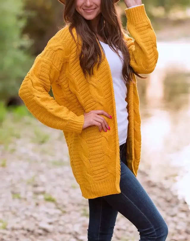 Women's Twist Cardigan Solid Color Mid length Coarse Yarn Sweater Yellow - Shop at LoveMi