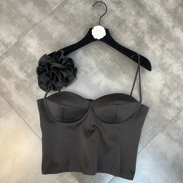 3D Flower Cluster Pin Decorative Short Tank Top Black - Shop at LoveMi