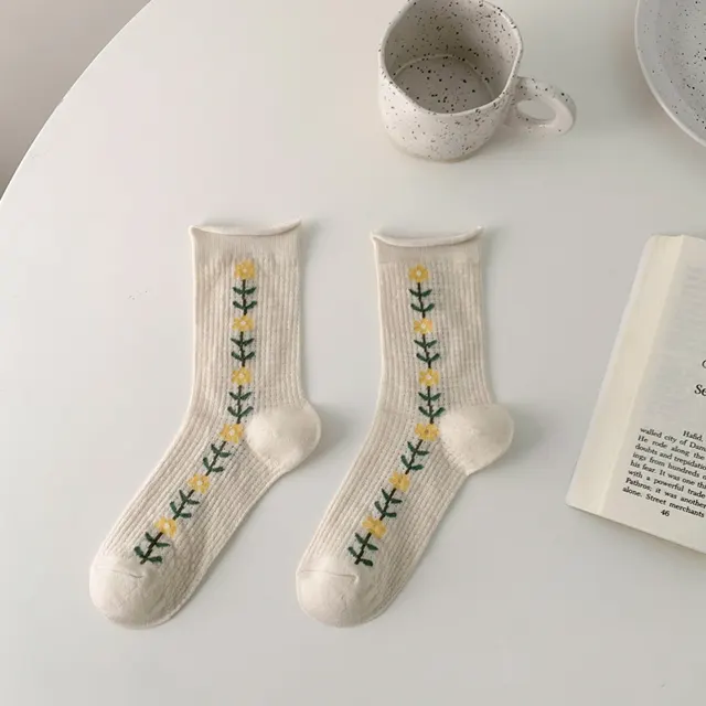 Thin Hollow Mesh Rolled Edge Women's Socks With Small Flowers Cream Beige - Shop at LoveMi