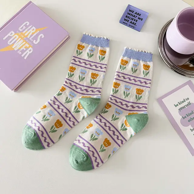 Cute Cartoon College Style Cotton Socks For Women's Middle Sleeves Flowers - Shop at LoveMi