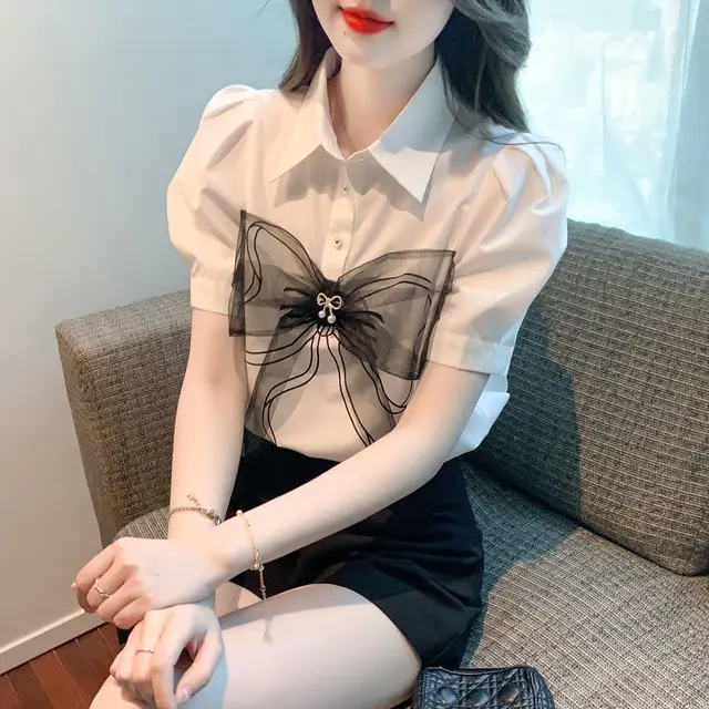 Lapel Bow Mesh Patchwork Top White - Shop at LoveMi