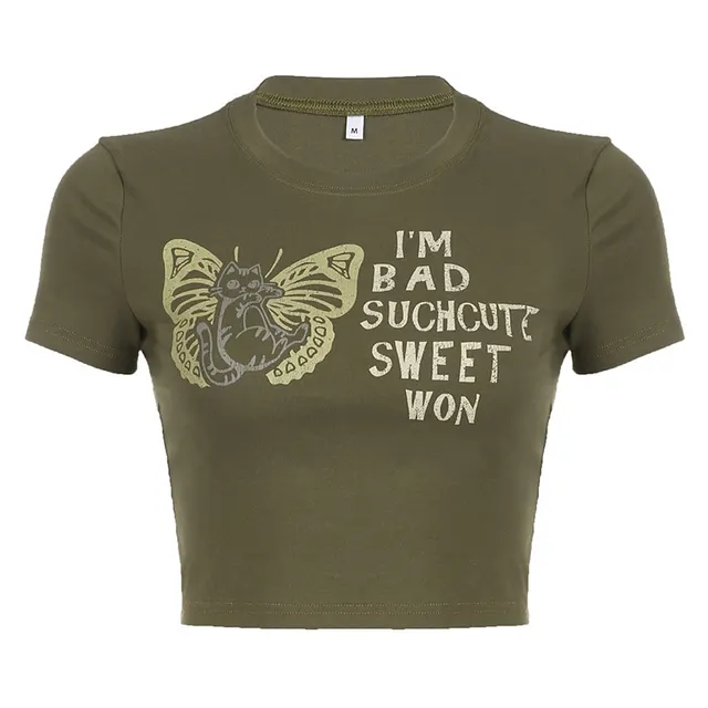 Casual Personality Spicy Girl Letter Print Round Neck T shirt Top Green - Shop at LoveMi