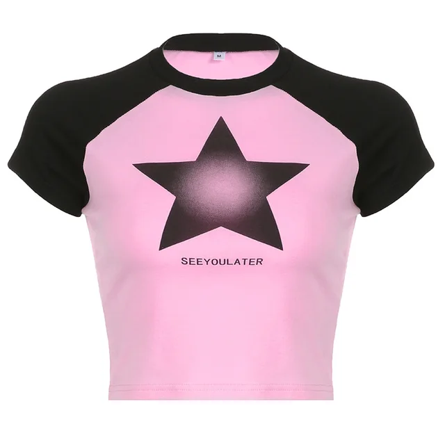 Contrast Raglan Sleeve Gradient Star Print American Sporty Casual Short Sleeve Pink - Shop at LoveMi