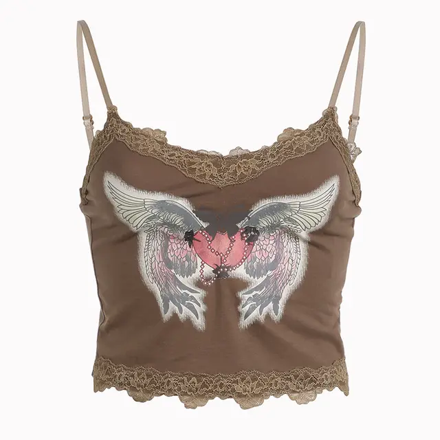 Personalized Love Wing Print Contrast Lace Panel Pure Desire Mini Strap Tank Top Brown - Shop at LoveMi